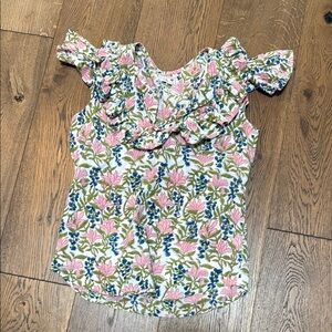 Pink and Green Flutter Sleeve Ruffled Blouse